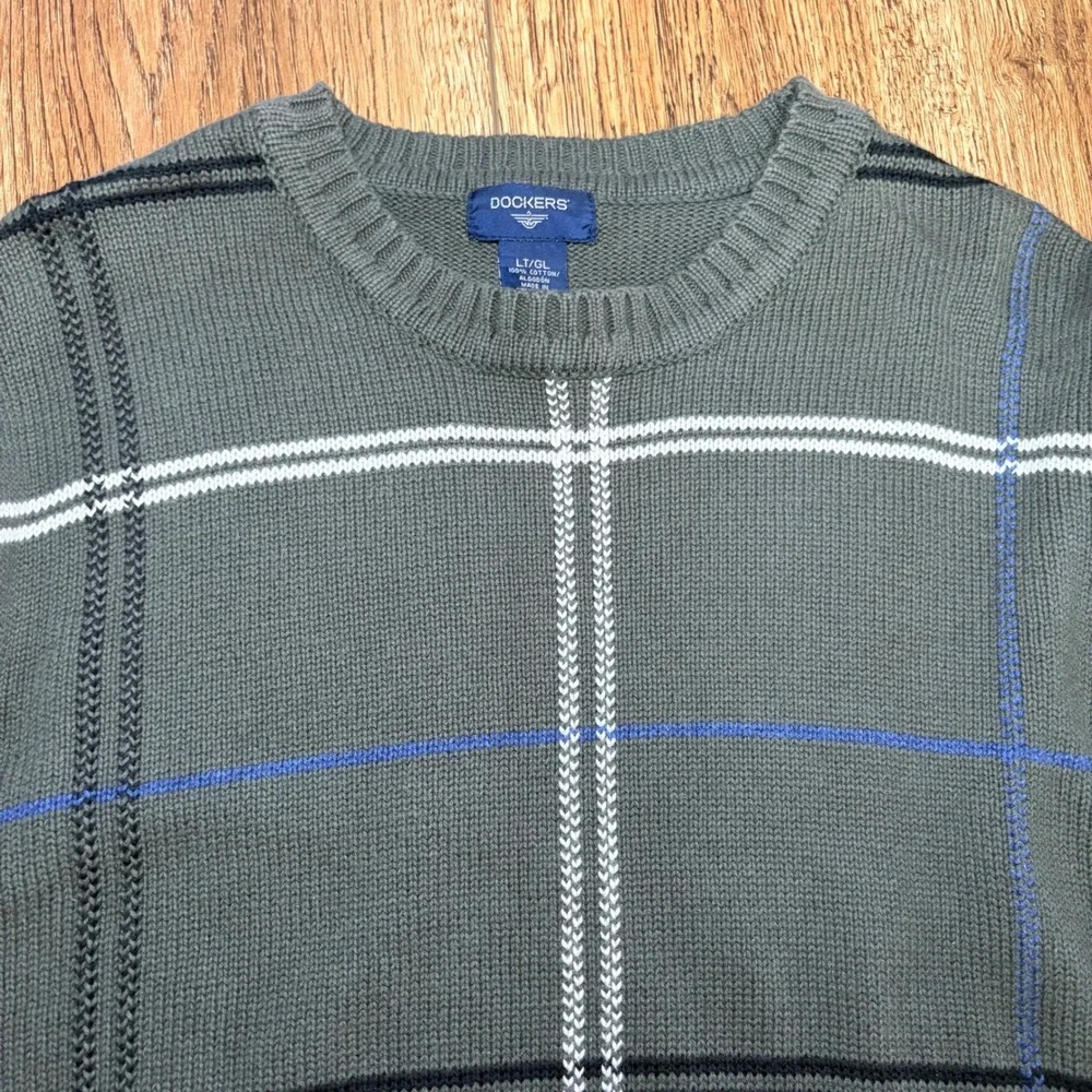 90s Dockers Mens L Tall LT Olive Green Plaid Cotton Crewneck Sweater Knit preppy